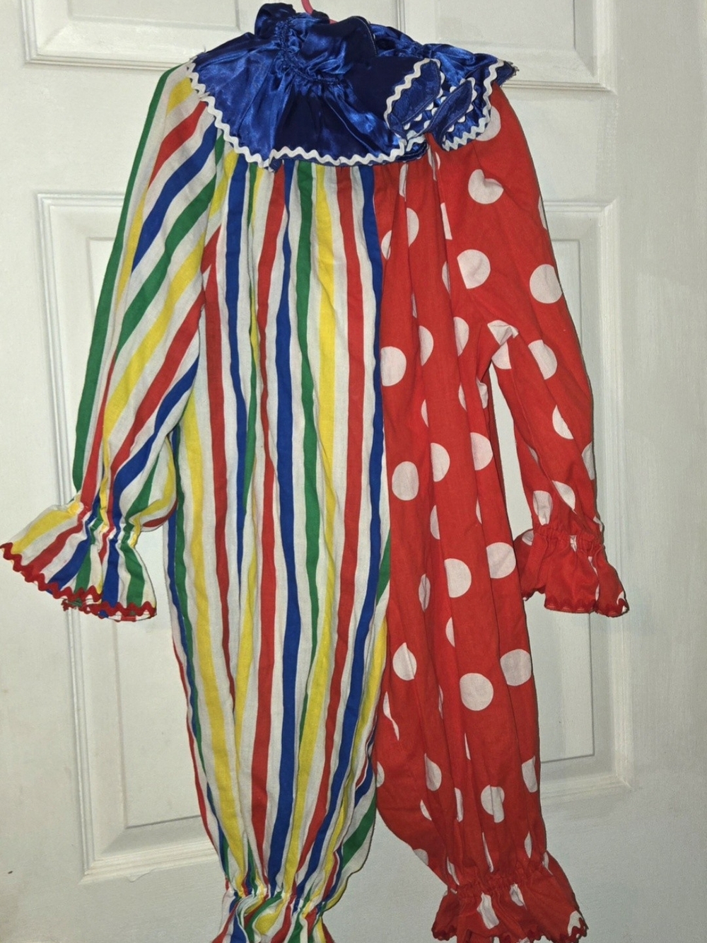 Kids Rainbow Stripe & Red Polka Dot Clown Costume Blue Collar: homemade SZ 7-10